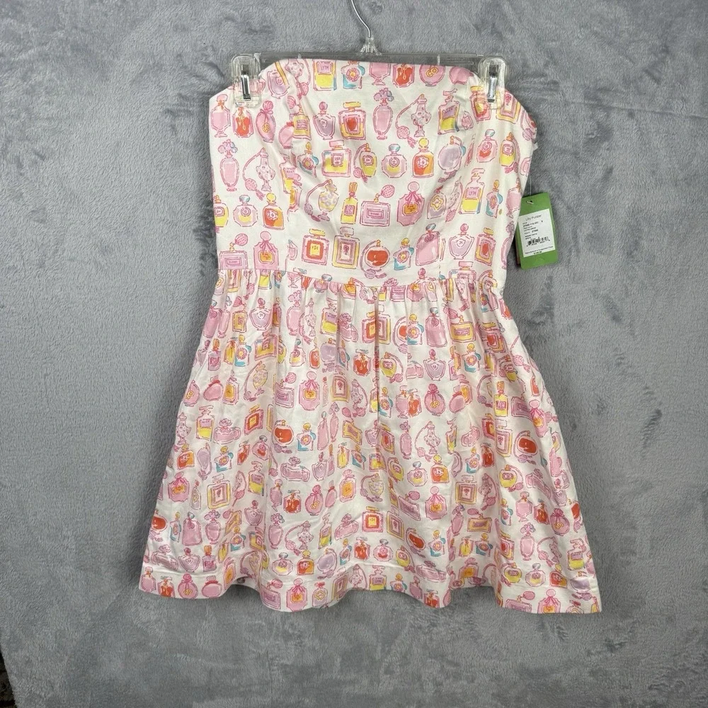 Lilly Pulitzer Strapless Lottie Dress Pink Perfume Bottle Novelty Print 8 New - Picture 2 of 11